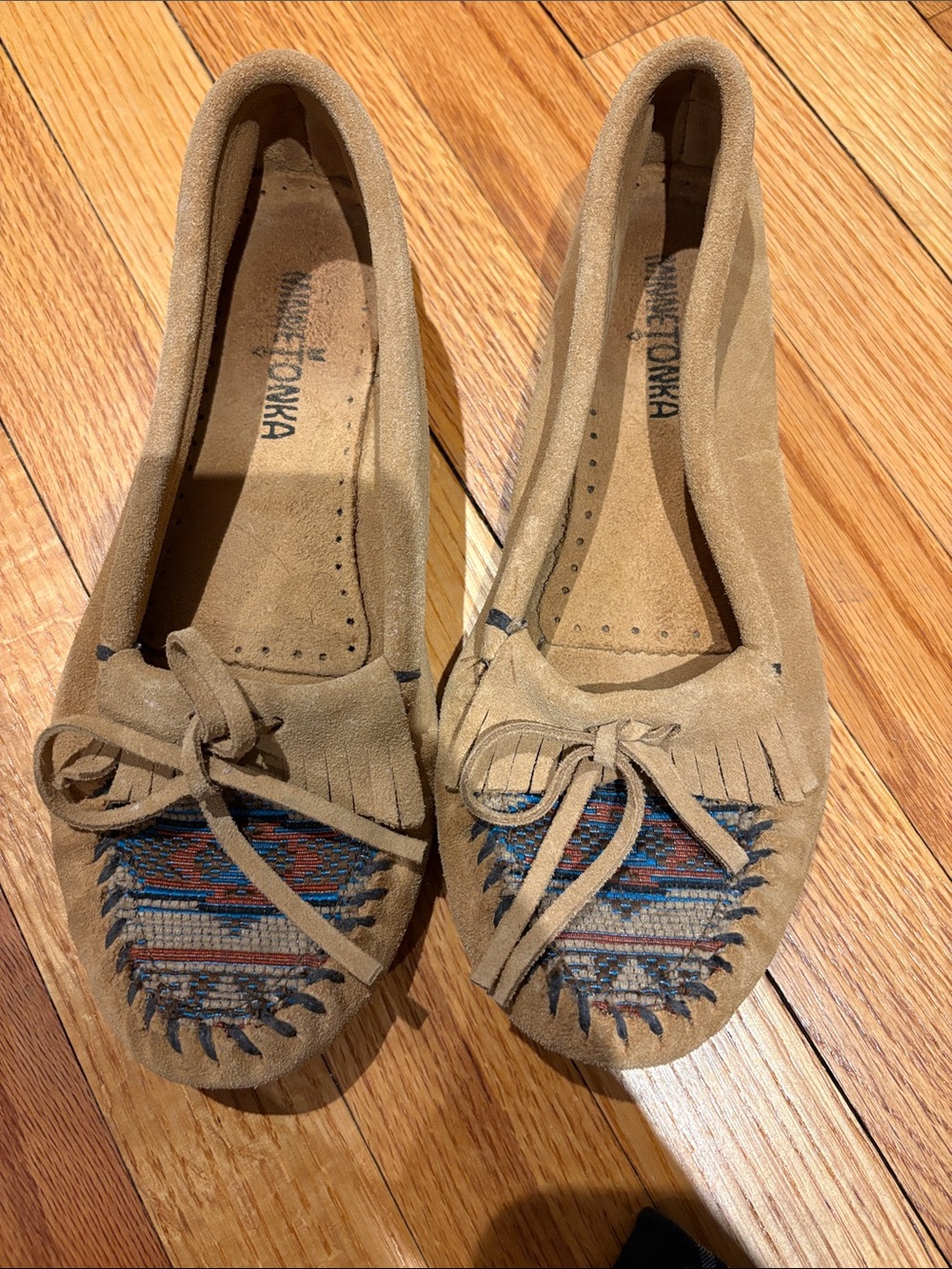 Minnetonka Tan Suede Moccasins with Southwestern Embroidery